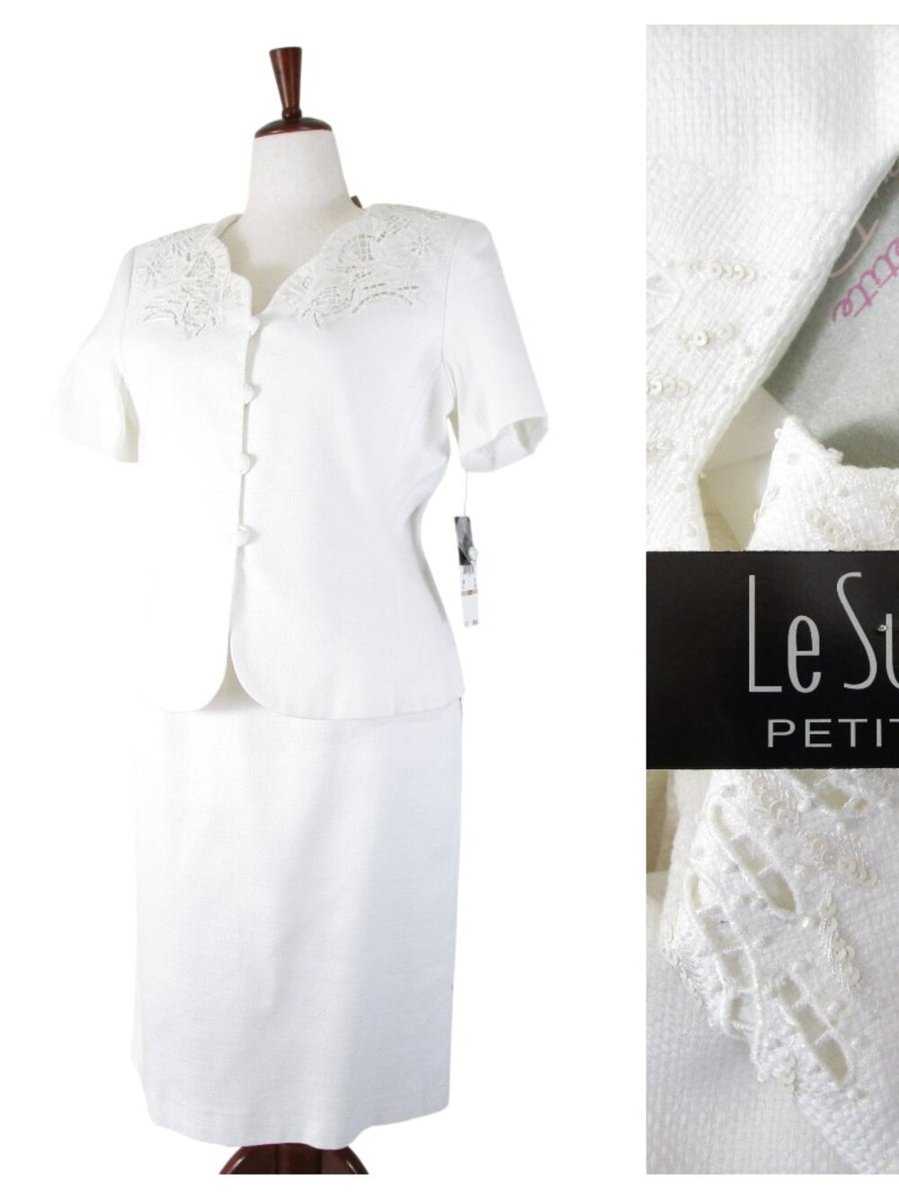 Le Suit Petite White Embroidered Beaded Short Sleeve Skirt Suit Size 12P Formal